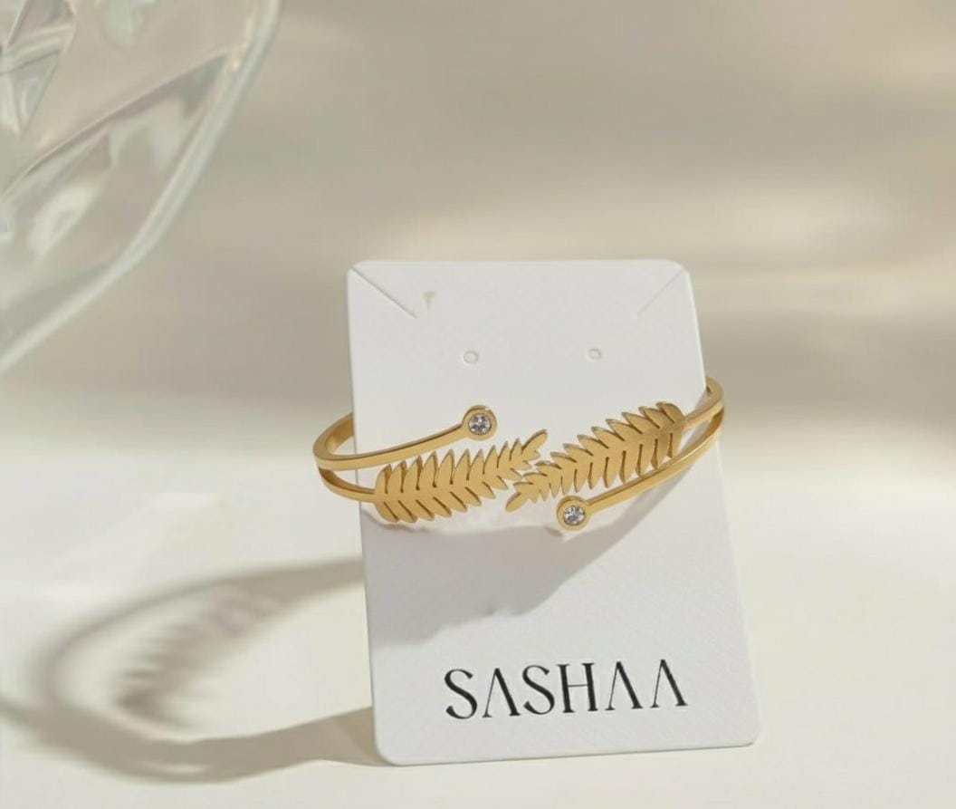Fern Leaf Zircorn Cuff Bangle Bracelet