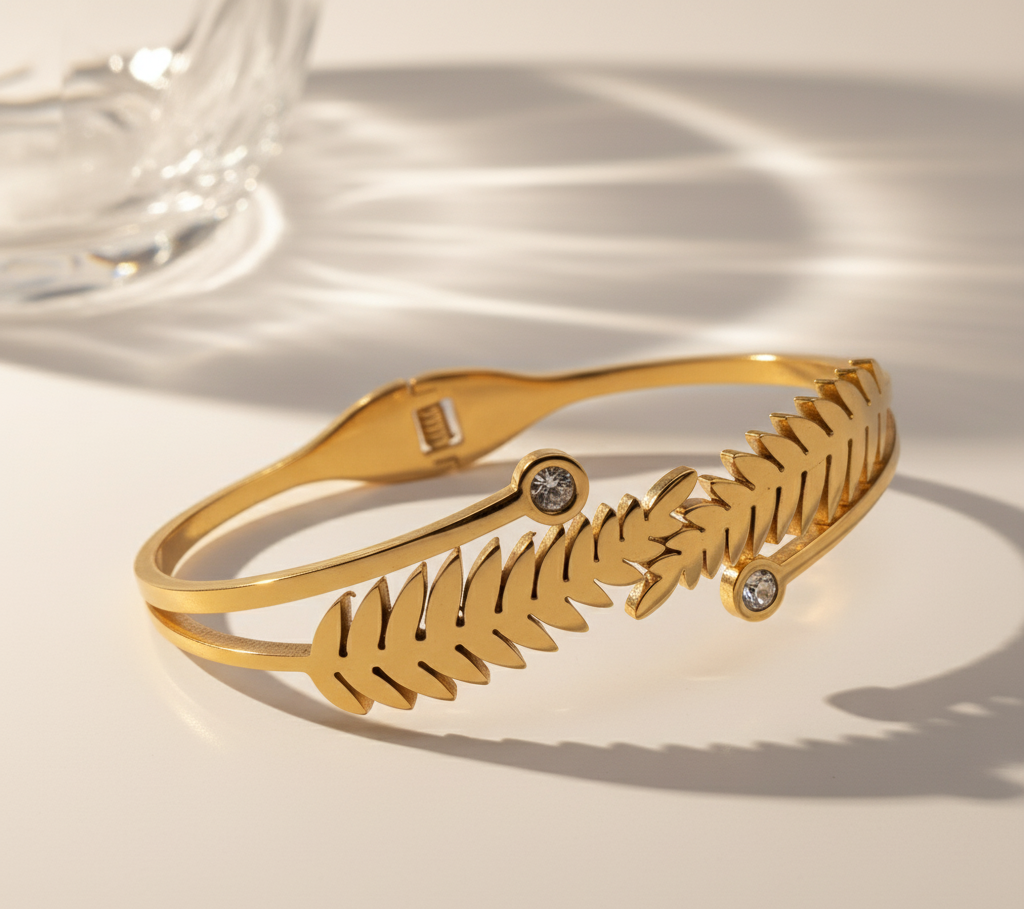 Fern Leaf Zircorn Cuff Bangle Bracelet